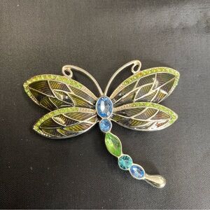 Napier Green Blue Silver  Enamel Rhinestone Dragonfly Brooch Vintage 2 1/4”